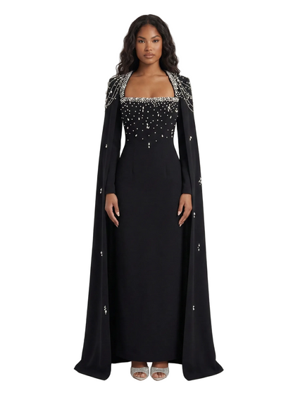 LIKIA Luxury Black Maxi Dress with Crystal Embellishments & Cape