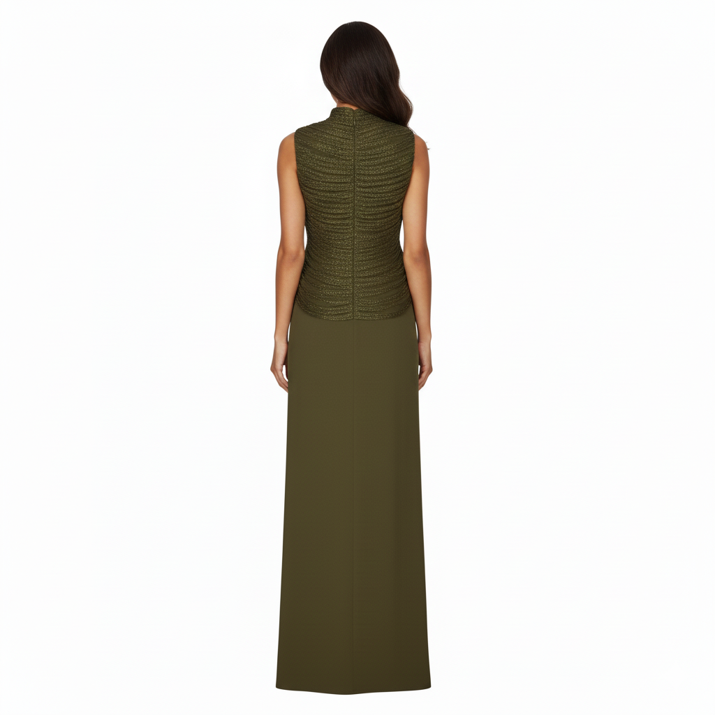 NITA Olive Satin Two-Piece Set with Draped Top