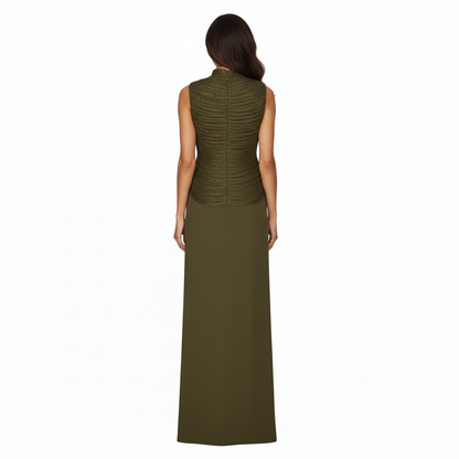NITA Olive Satin Two-Piece Set with Draped Top