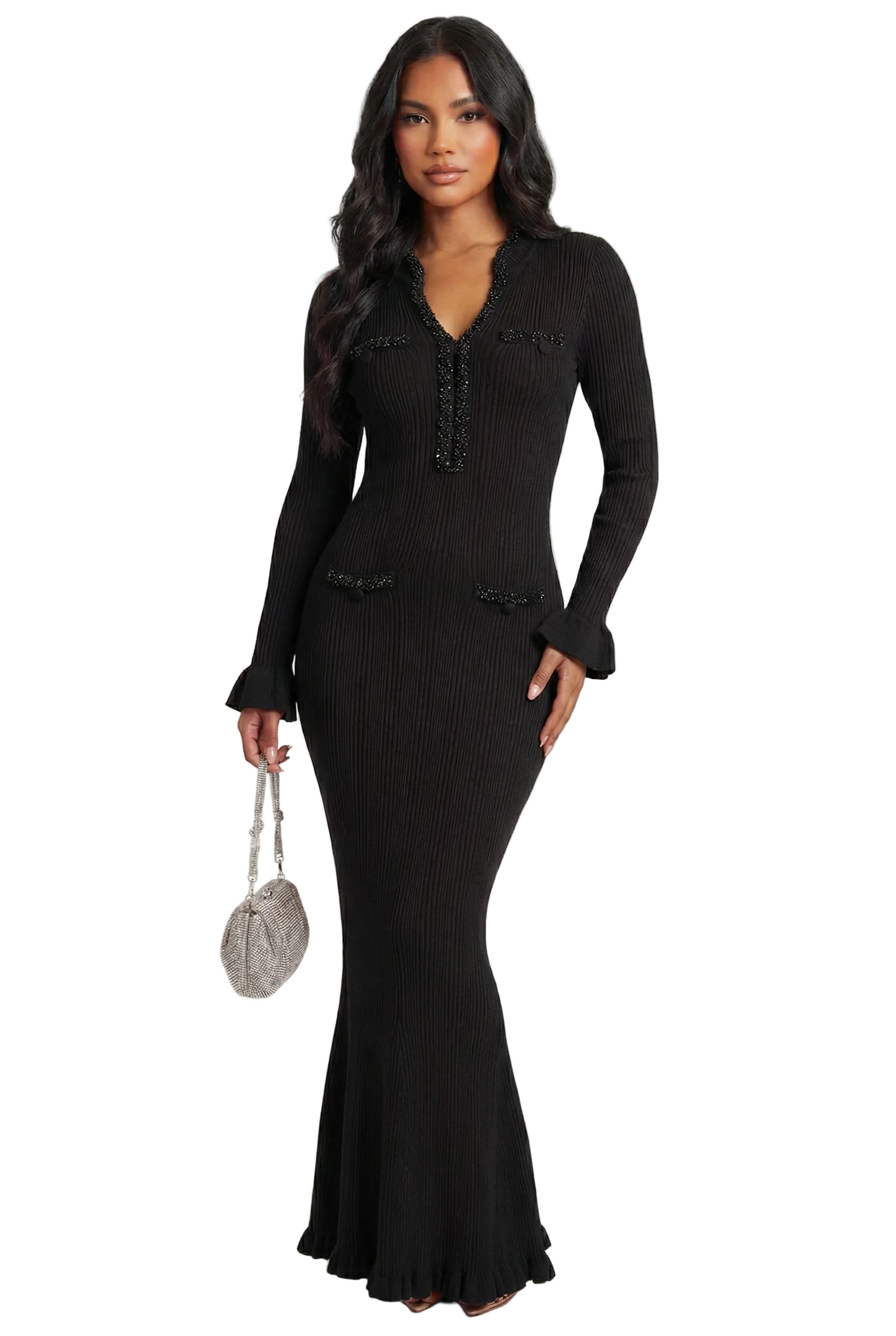 GRISELLE Knit Long Sleeve Crystals Maxi Bodycon Dress BLACK