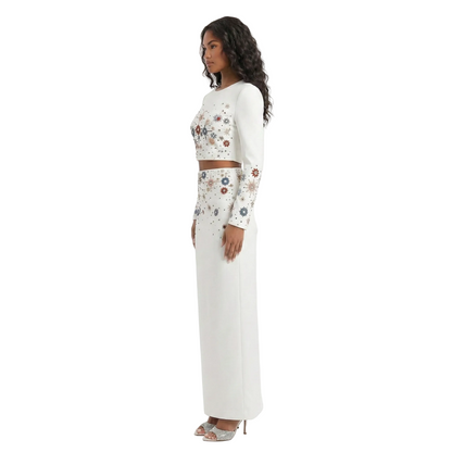 JELLIE Crystals Applique Long Sleeve Maxi Skirt Set