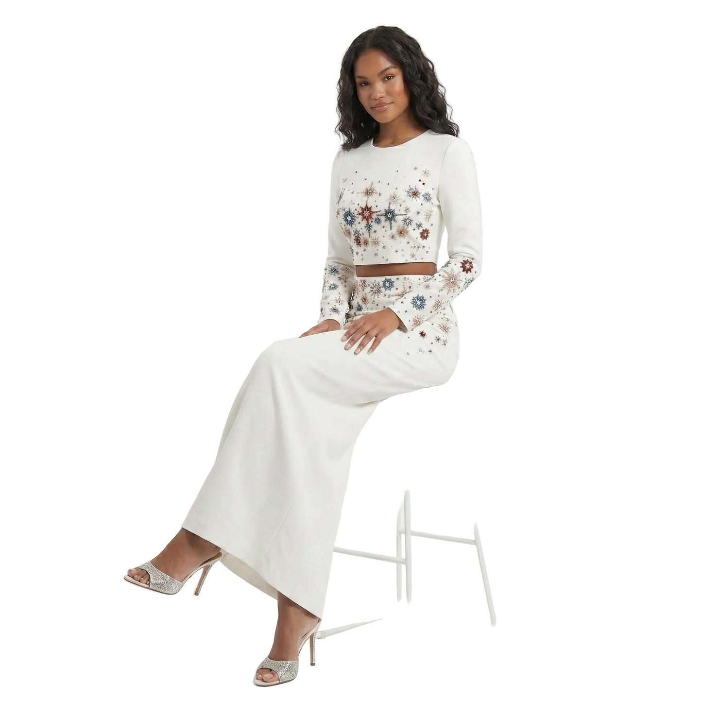 JELLIE Crystals Applique Long Sleeve Maxi Skirt Set