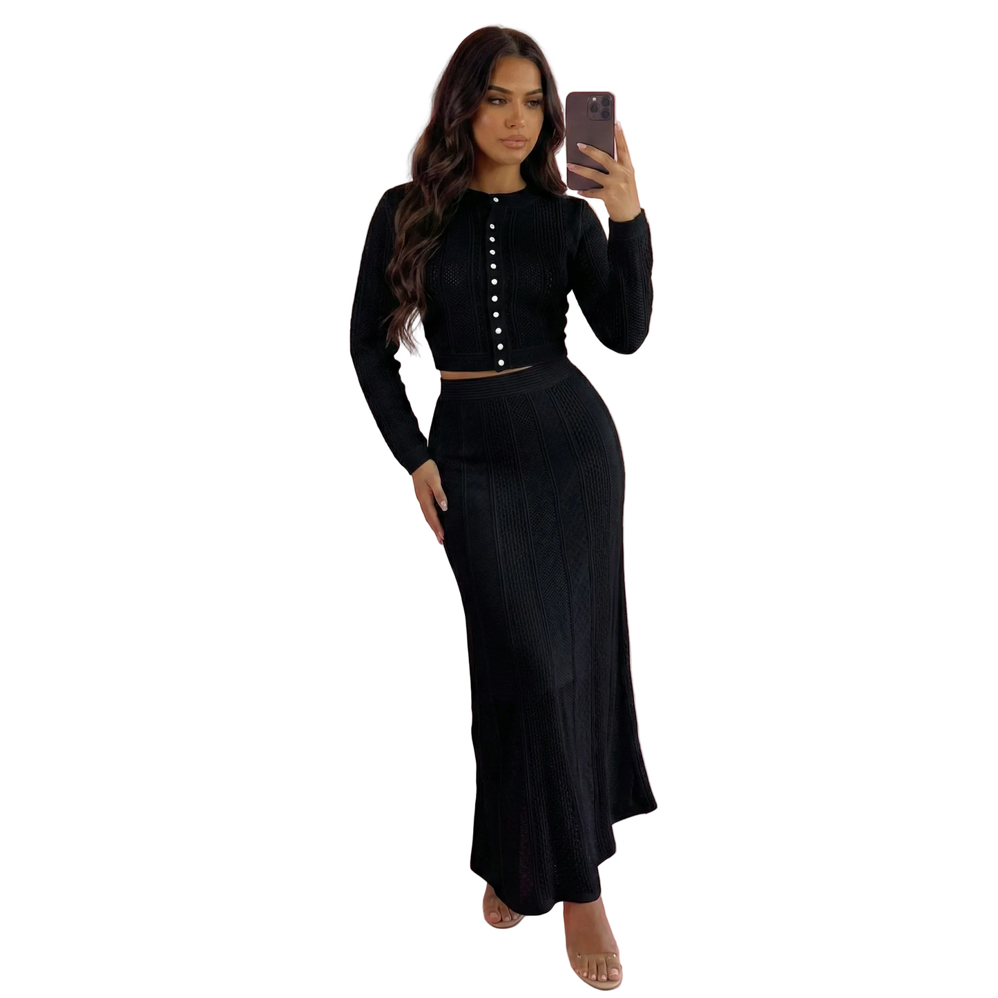 ALID Knit Sweater and Maxi Skit Set BLACK