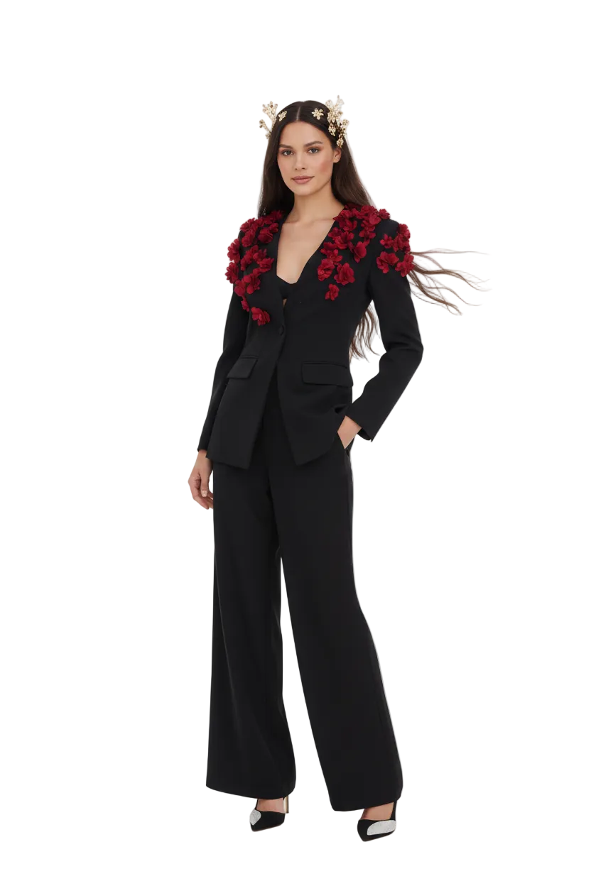 DORA Jacket & Wide-Leg Pants Set with Floral Appliqué