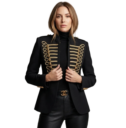 Women Black Napoleon Style Jacket | Stand Collar | Single Breasted | Cropped Coat