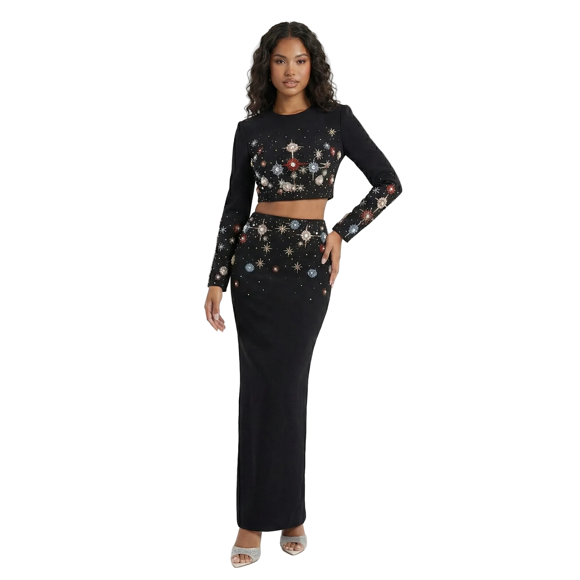 JELLIE Crystals Applique Long Sleeve Maxi Skirt Set
