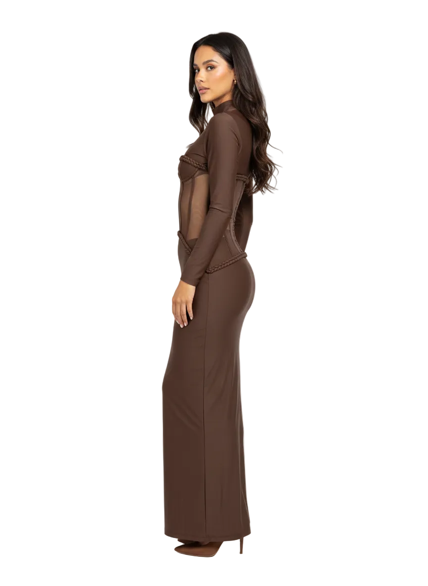 PINKAPPLE DRESSES ELVIS Brown Sheer Corset Maxi Dress