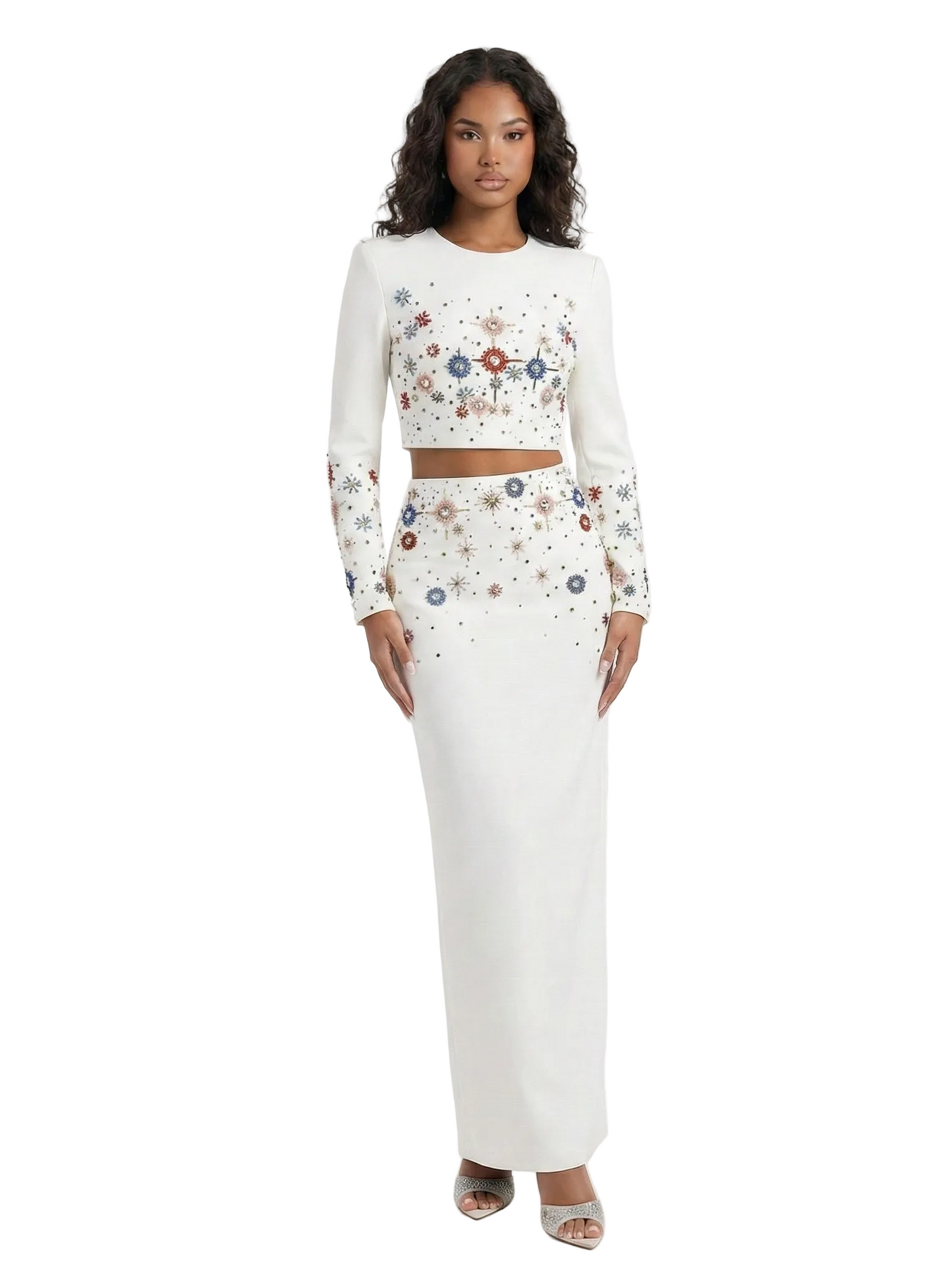 JELLIE Crystals Applique Long Sleeve Maxi Skirt Set WHITE