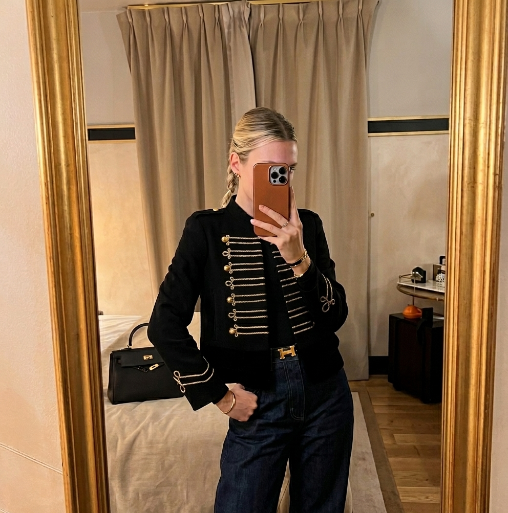 Women Napoleon Jacket | Black Short Jacket | Stand Collar | Pearl Buttons | Cropped Jacket