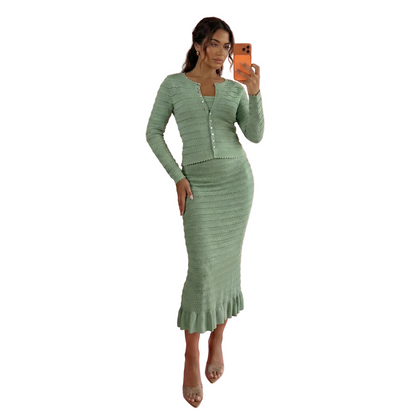 EDNA Knit Top and Cardigan with Midi Skirt Set GREEN