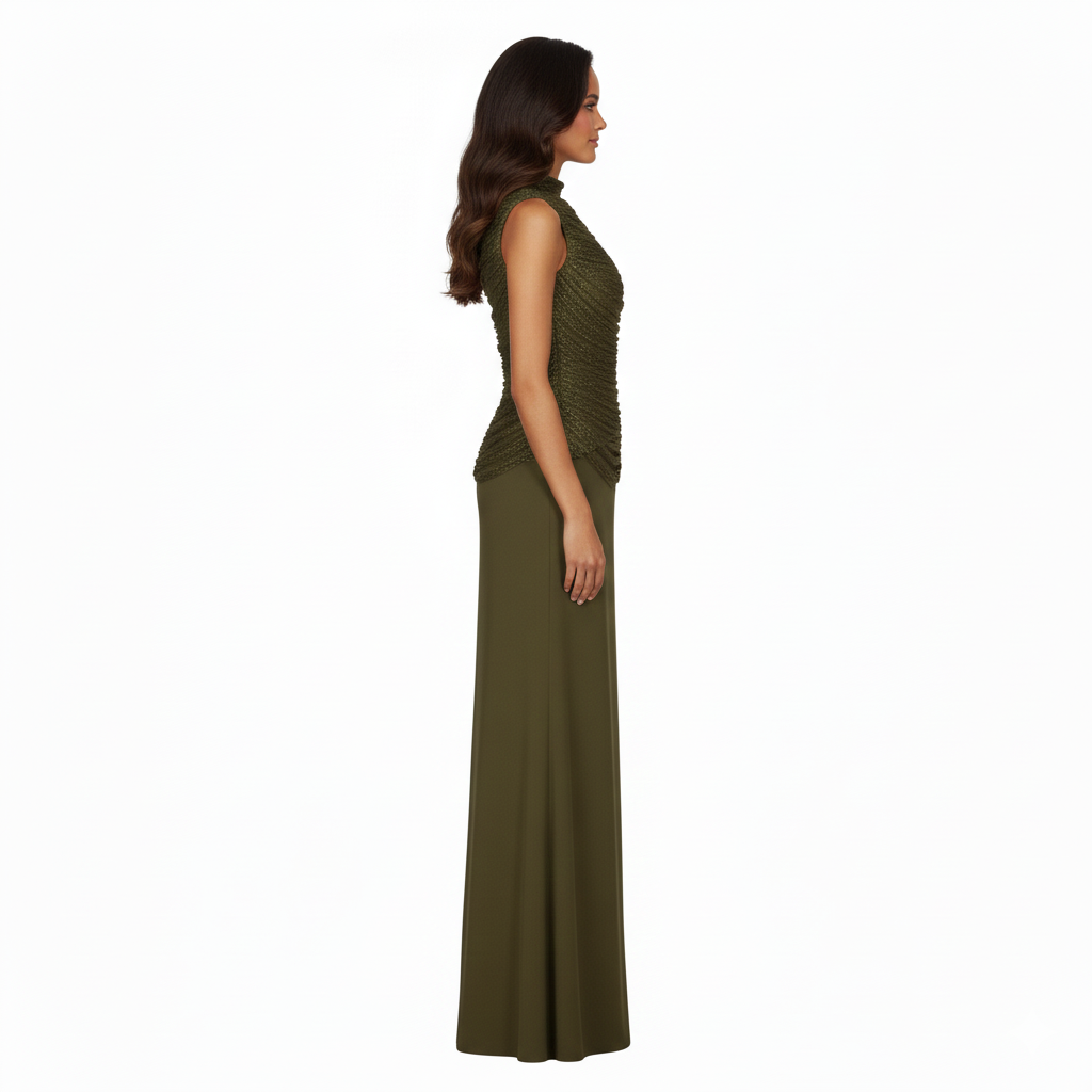 NITA Olive Satin Two-Piece Set with Draped Top