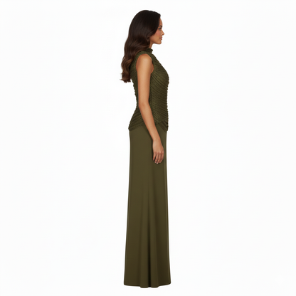 NITA Olive Satin Two-Piece Set with Draped Top
