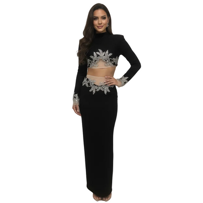 PINKAPPLE DRESSES TYLER Black Bandage Two-Piece Set with Crystal Embroidery