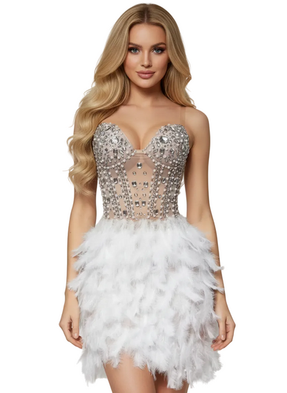 NOX Ivory Crystal Feather Mini Dress
