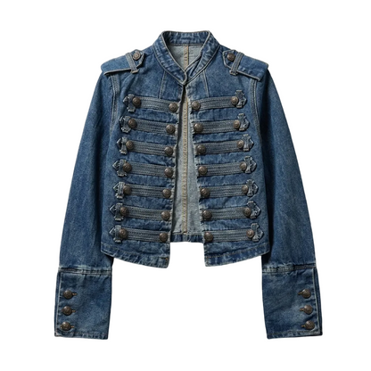 Women Metal Rib Button Denim Jacket | Cropped Jacket | Washed Effect | Napoleon Jacket | Slim