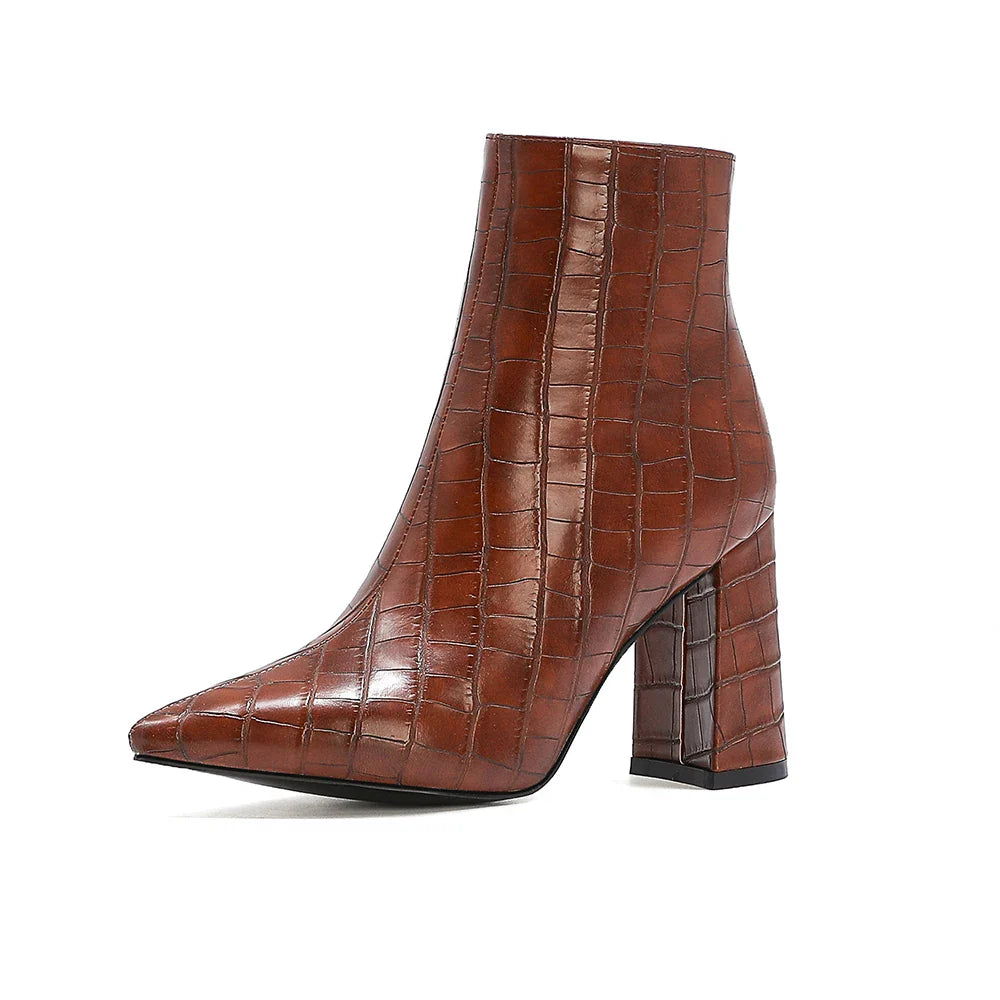 Women Plush Cowgirl Boots | Leather Ankle Boots | Chelsea Boots | Cossacks | Pointy Toe Wedge Heel Brown