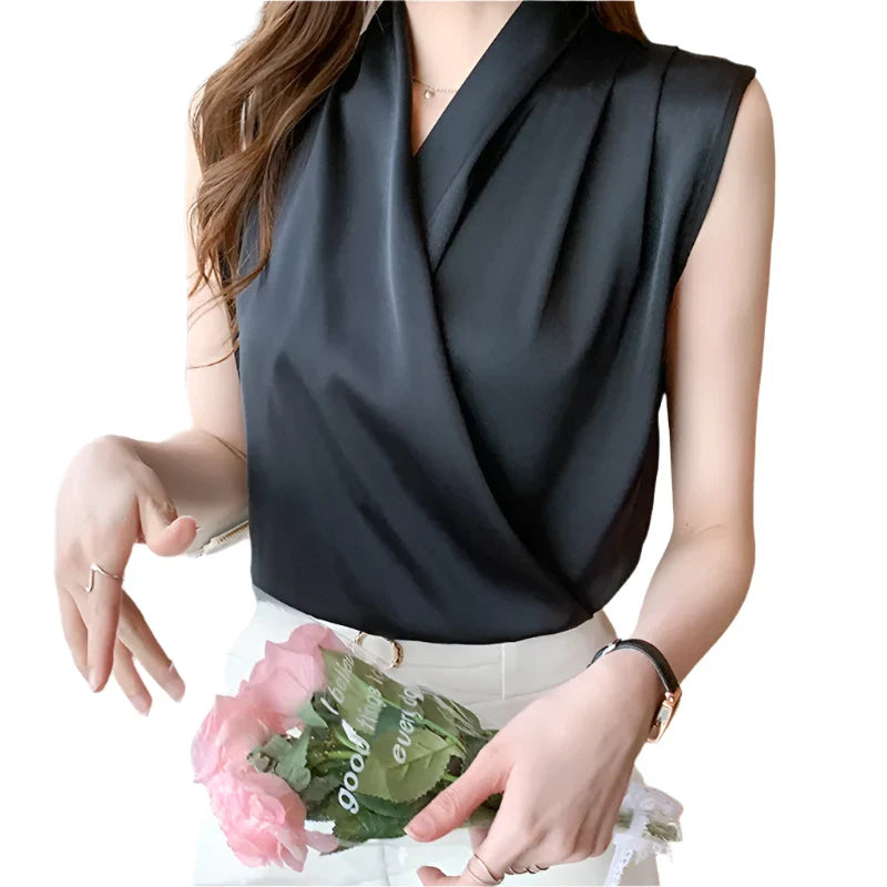 Women’s Satin Sleeveless Blouse | Solid Color Office Shirt Black