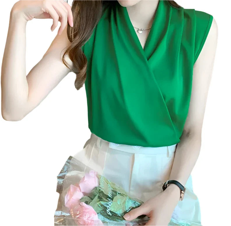 Women’s Satin Sleeveless Blouse | Solid Color Office Shirt Green