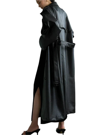 Women's Oversized Leather Trench Coat with Belt | Extra Long Leather Coat