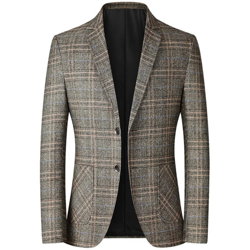 Men Slim Fit Blazer | British Plaid Formal Suit Jacket | Wedding Business Casual Blazer Light Brown