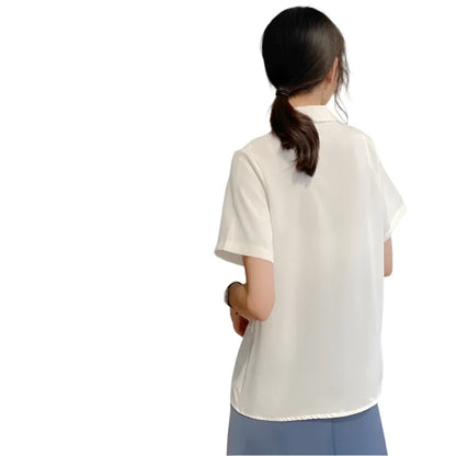 Women Short Sleeves Button Up Blouse | Solid V-Neck Chic Shirt