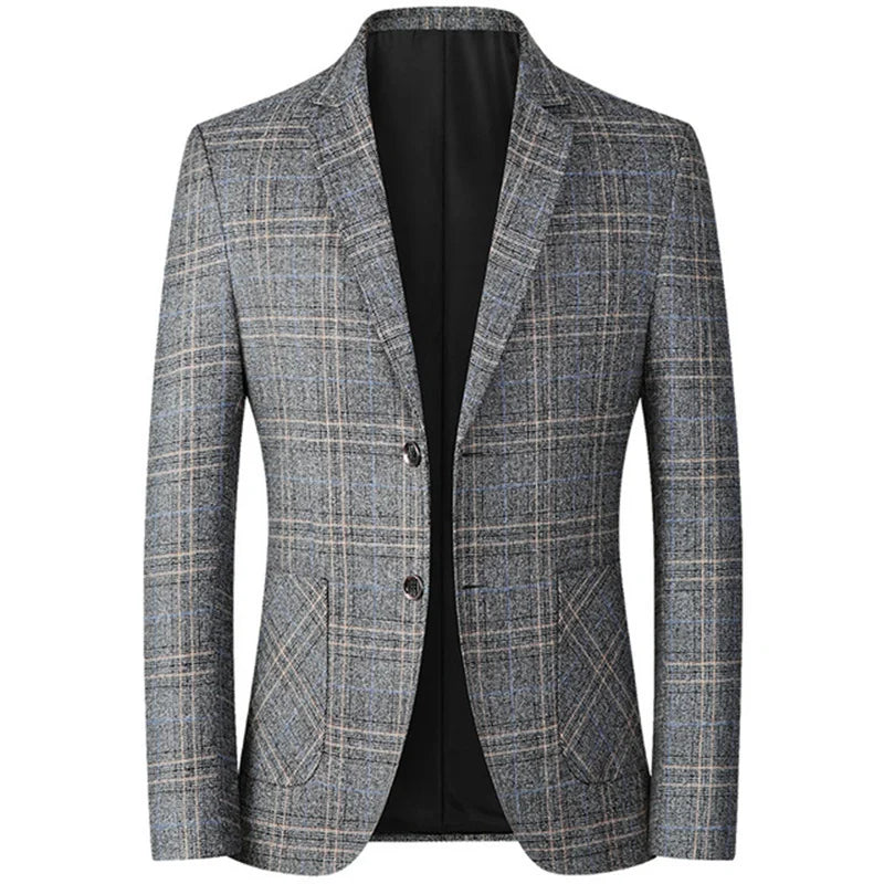Men Slim Fit Blazer | British Plaid Formal Suit Jacket | Wedding Business Casual Blazer Grey