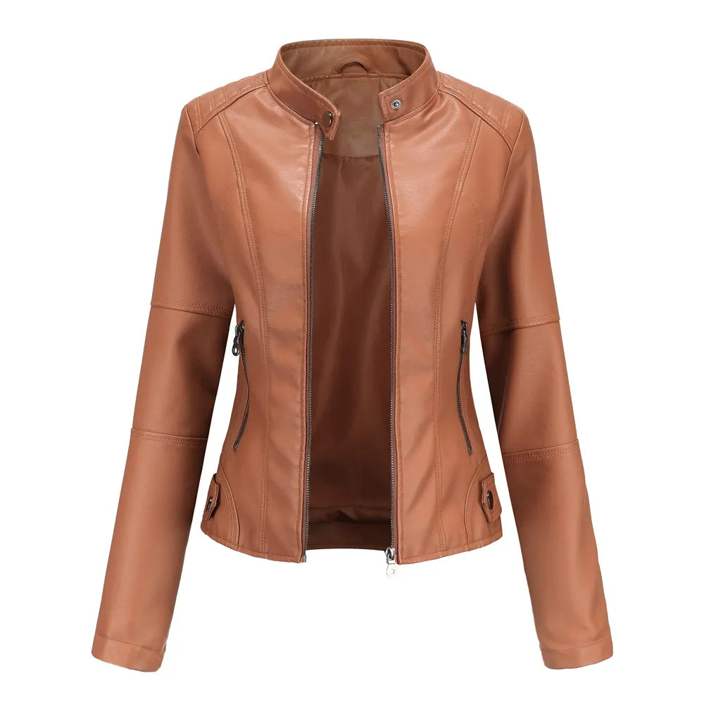 Women Leather Jacket | Stand-up Collar Motor Biker Jacket Camel