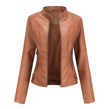 Women Leather Jacket | Stand-up Collar Motor Biker Jacket Camel