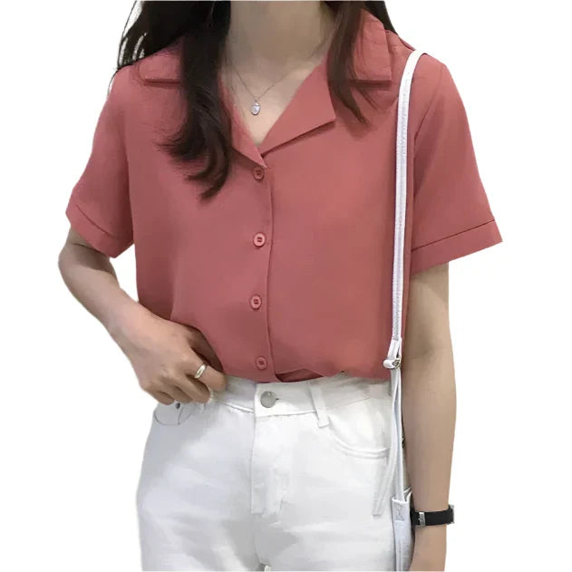 Women Short Sleeves Button Up Blouse | Solid V-Neck Chic Shirt Pink