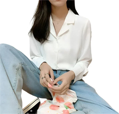 Women Short Sleeves Button Up Blouse | Solid V-Neck Chic Shirt White long-sleeve