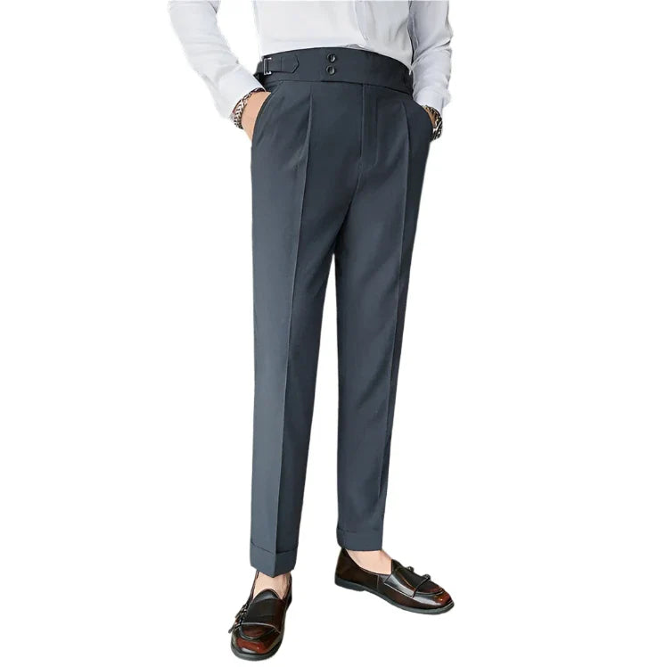 Men Vintage Pencil Pants | High Waisted Suit Pant | Slim Fit Pants with Buttons | Business Casual Straight Trousers