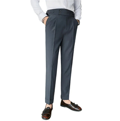 Men Vintage Pencil Pants | High Waisted Suit Pant | Slim Fit Pants with Buttons | Business Casual Straight Trousers