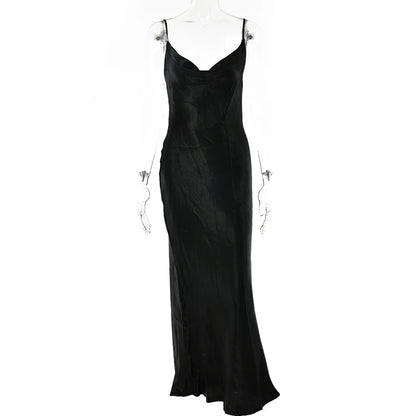 Satin Backless Dress | Long Elegant Trumpet Bodycon Dress | Spaghetti Strap Dress | Maxi Dress black