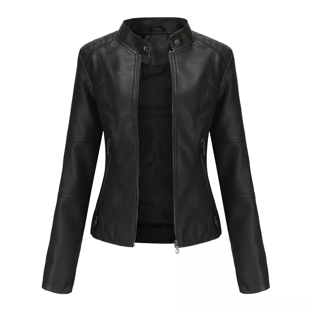Women Leather Jacket | Stand-up Collar Motor Biker Jacket Black