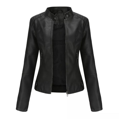 Women Leather Jacket | Stand-up Collar Motor Biker Jacket Black