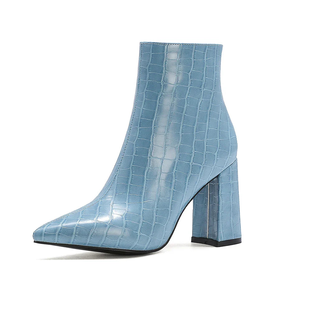 Women Plush Cowgirl Boots | Leather Ankle Boots | Chelsea Boots | Cossacks | Pointy Toe Wedge Heel Blue