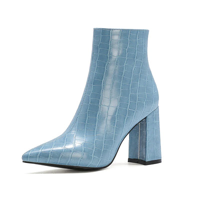 Women Plush Cowgirl Boots | Leather Ankle Boots | Chelsea Boots | Cossacks | Pointy Toe Wedge Heel Blue