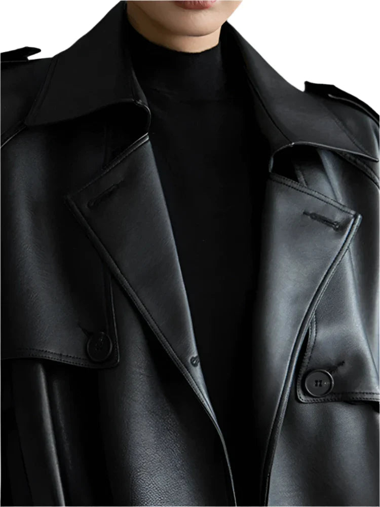 Women's Oversized Leather Trench Coat with Belt | Extra Long Leather Coat