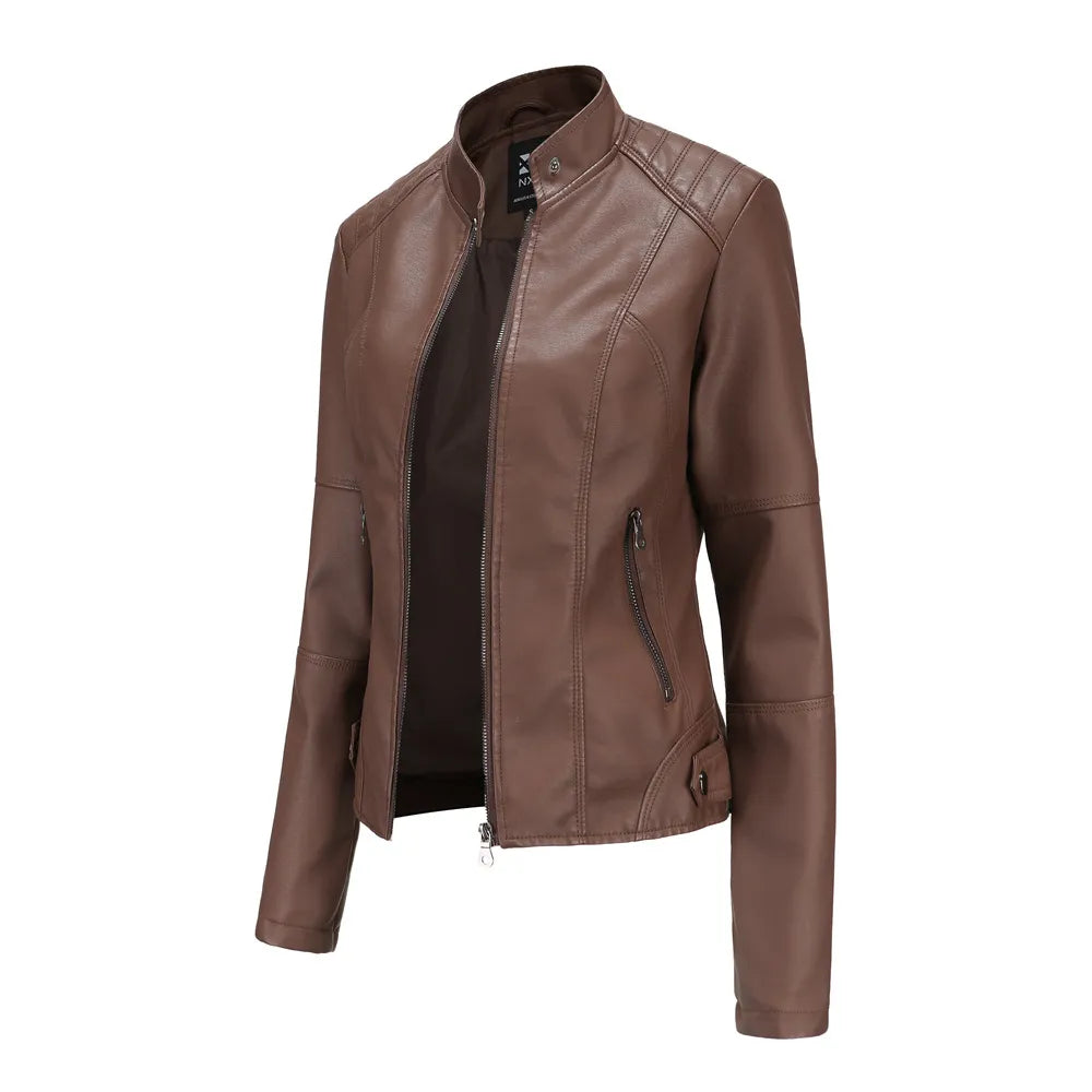 Women Leather Jacket | Stand-up Collar Motor Biker Jacket