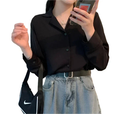 Women Short Sleeves Button Up Blouse | Solid V-Neck Chic Shirt Black long-sleeve