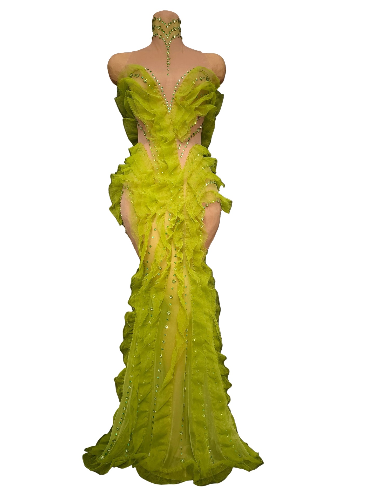 HAZE Neon Lime Mermaid Gown with Ruffles -Couture Evening Dress