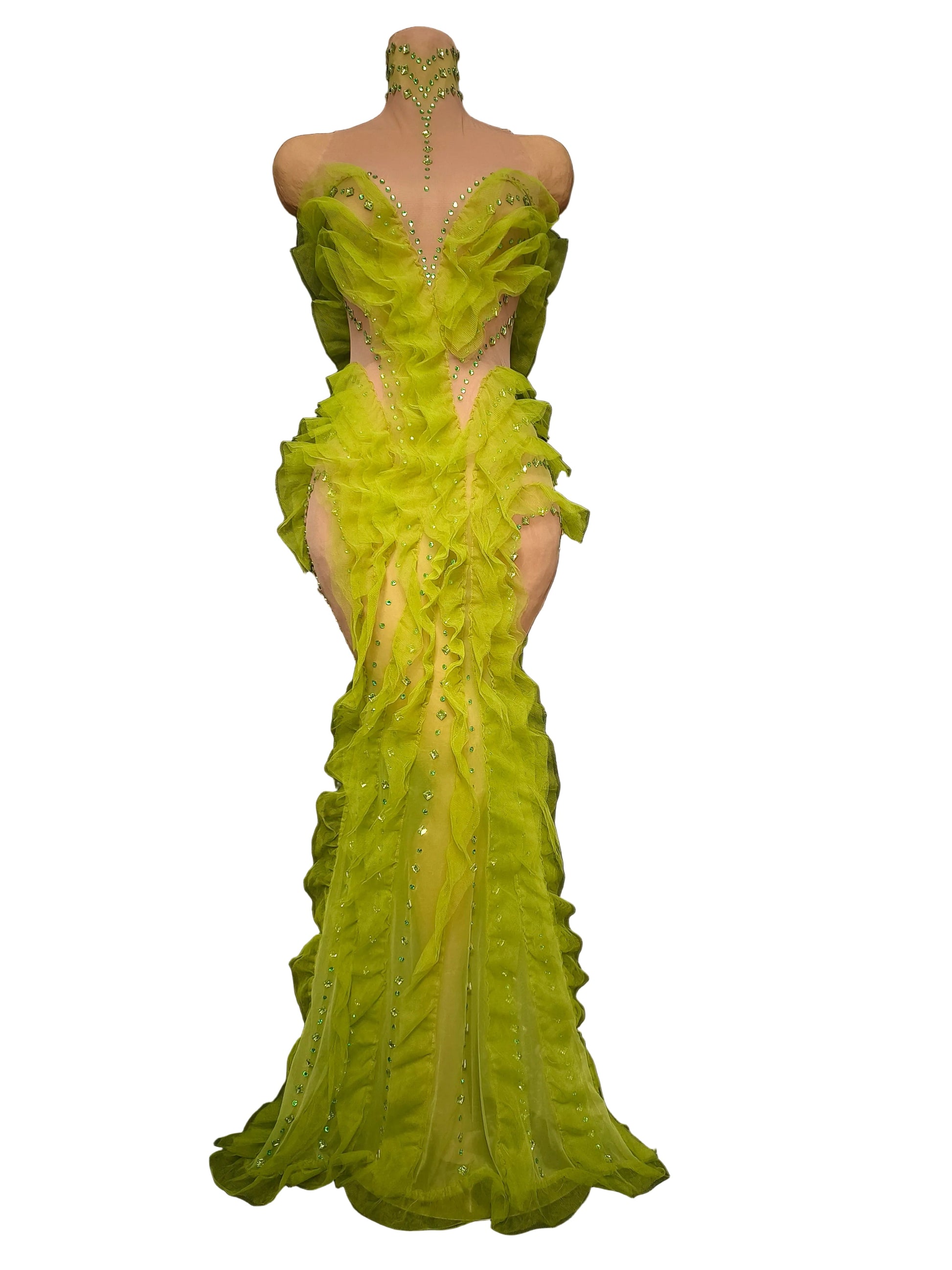 HAZE Neon Lime Mermaid Gown with Ruffles -Couture Evening Dress