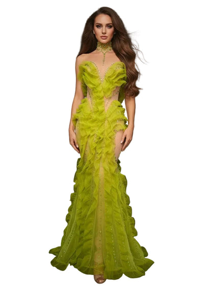 HAZE Neon Lime Mermaid Gown with Ruffles -Couture Evening Dress
