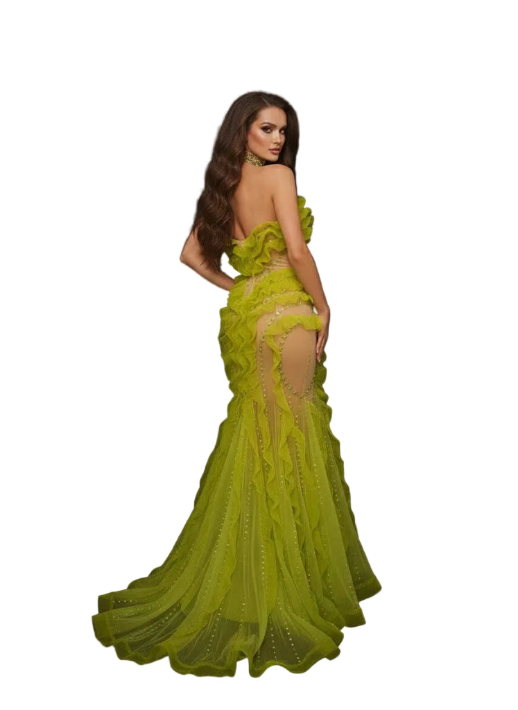 HAZE Neon Lime Mermaid Gown with Ruffles -Couture Evening Dress