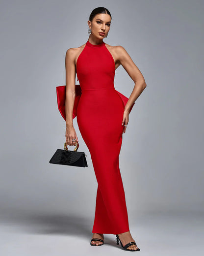HERONE Huge Bow Split Bandage Maxi Dress RED