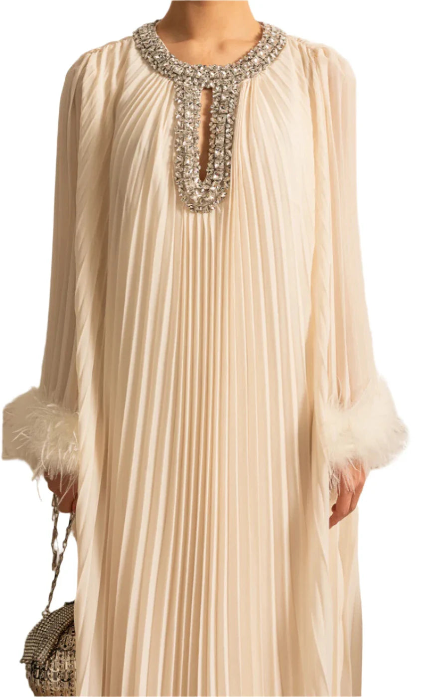 HIRA Feathers Maxi Dress NUDE