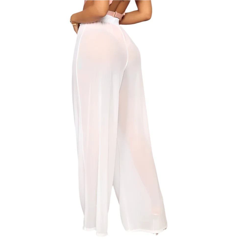 Women Boho Wide Leg Trousers | High Waist | Beach Trousers | Mesh Sheer Pants | See Through White