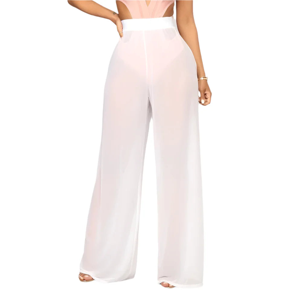 Women Boho Wide Leg Trousers | High Waist | Beach Trousers | Mesh Sheer Pants | See Through