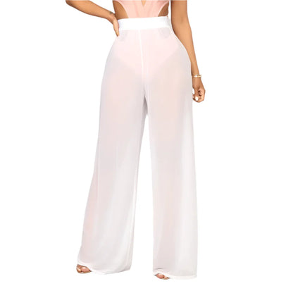 Women Boho Wide Leg Trousers | High Waist | Beach Trousers | Mesh Sheer Pants | See Through