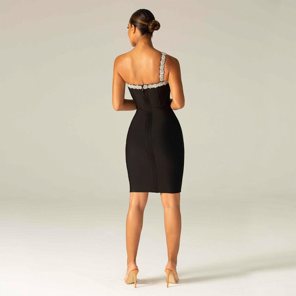 HUBERTA ONE SHOULDER SLEEVELESS RHINESTONE MINI BANDAGE DRESS